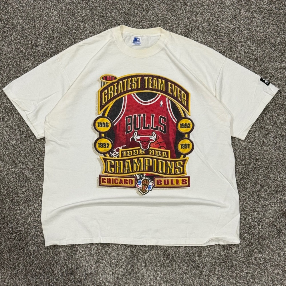 Vintage Starter Chicago Bulls 1996 NBA Champions TShirt White Mens XL Jordan 90s